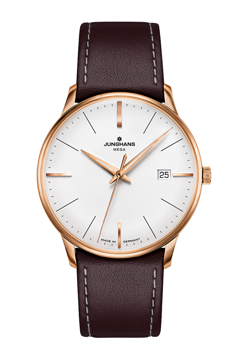 Junghans Meister MEGA 58/7500.02 mit versilbertem Zifferblatt und dunkelbraunem Lederband