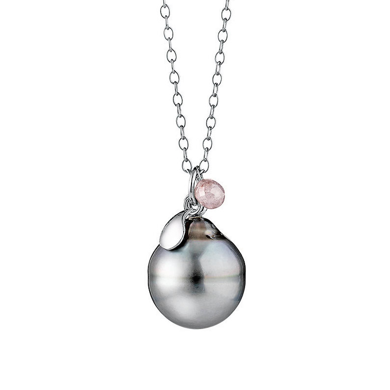 Exklusives endloses Collier aus 750er Weißgold von Gellner, verziert mit einem multicolor Briolett-Diamanten und einer silbernen Tahiti-Zuchtperle (10-12 mm, Circle-Struktur), aus der Linie BOLERO.